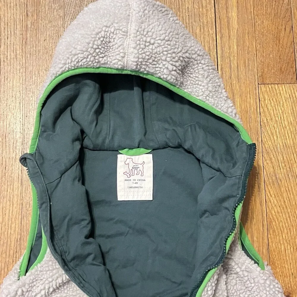 MINI BODEN Sherpa Teddy Zip Up Vest Beige Hooded Gray Lining Pocket Size 7/8